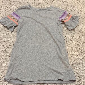 Kids Gray T-shirt Dress with Colorful Striped Sleeves